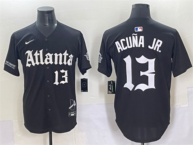 Men's Atlanta Braves #13 Ronald Acu&ntilde;a Jr. Black Gothic South X Outkast Edition Vapor Limited Stitched Baseball Jersey