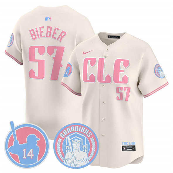 Men's Cleveland Guardians #57 Shane Bieber Cream Bubblegum Pink 2025 Vapor Limited Stitched Baseball Jersey