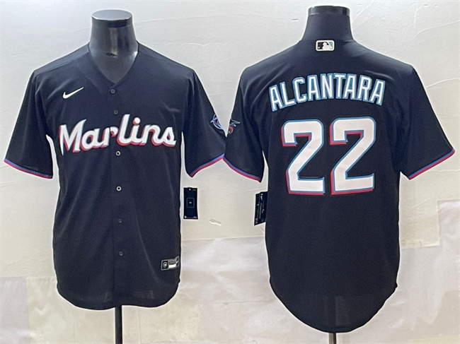 Men's Miami Marlins #22 Sandy Alcantara Black Cool Base Stitched Jersey