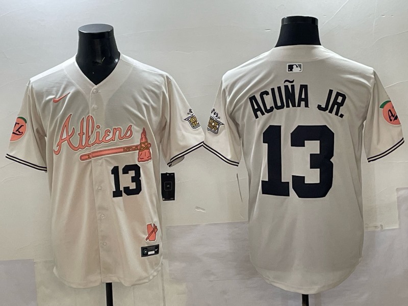 Men's Atlanta Braves #13 Ronald Acua Jr. white 2025 Atliens & Peach With Outkast Patch Vapor Limited Stitched Baseball Jersey