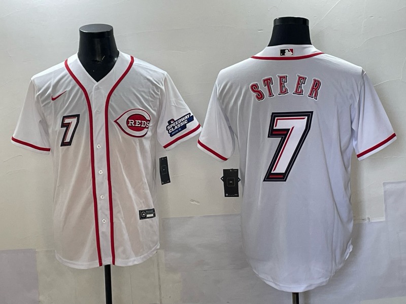 Men's Cincinnati Reds #7 Spencer Steer White 2025 Speedway Classic Home Limited Stitched Baseball Jersey