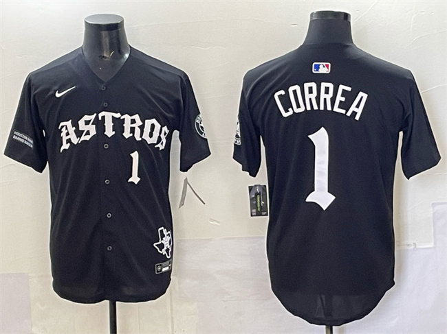 Men's Houston Astros #1 Carlos Correa Black Gothic 'Houston Born Barrio Raised' Limited Stitched Baseball  Jersey