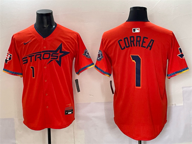 Men's Houston Astros #1 Carlos Correa Orange 2025 City Connect With Texas Patch Limited Stitched Baseball Jersey