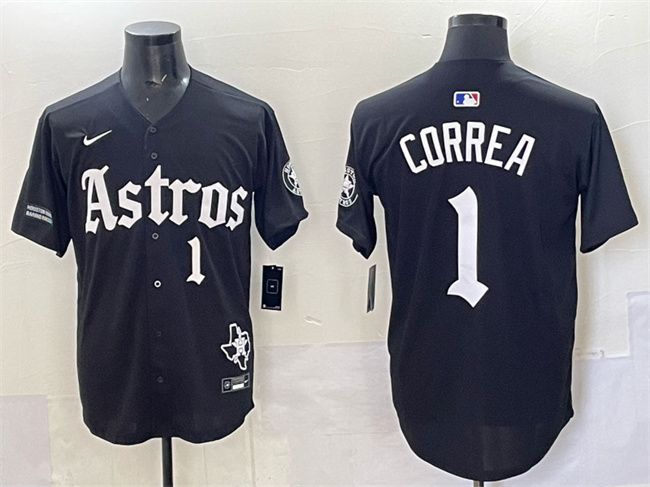 Men's Houston Astros #1 Carlos Correa Black Gothic 'Houston Born Barrio Raised' Limited Stitched Baseball Jersey