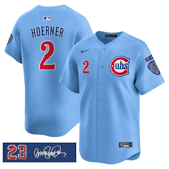 Men's Chicago Cubs #2 Nico Hoerner Blue 'Ryne Sandberg Tribute' Vapor Limited V3 Stitched Baseball Jersey
