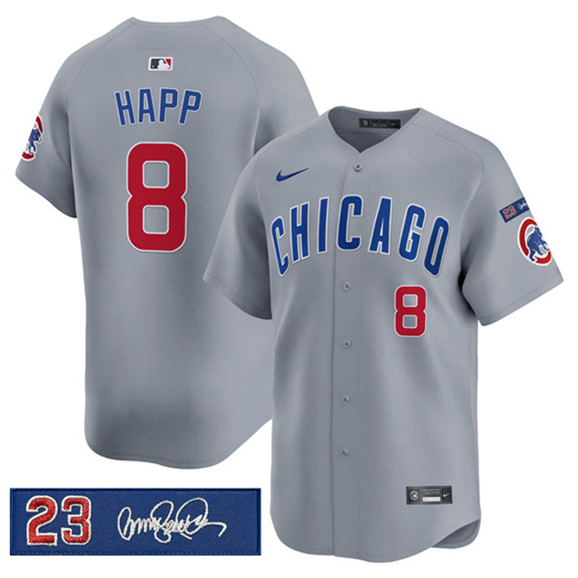 Men's Chicago Cubs #8 Lan Happ Gray 'Ryne Sandberg Tribute' Vapor Limited V3 Stitched Baseball Jersey