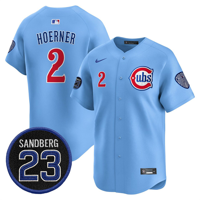 Men's Chicago Cubs #2 Nico Hoerner Blue 'Ryne Sandberg Tribute' Vapor Limited V2 Stitched Baseball Jersey