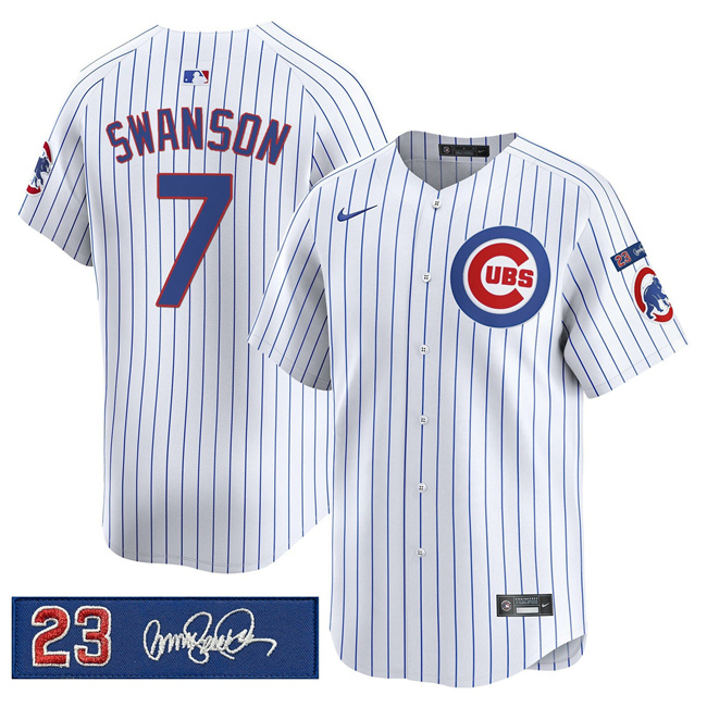 Men's Chicago Cubs #7 Dansby Swanson White Pinstripe 'Ryne Sandberg Tribute' Vapor Limited V3 Stitched Baseball Jersey