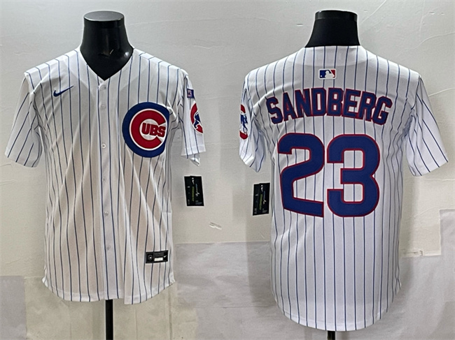 Men's Chicago Cubs #23 Ryne Sandberg White Pinstripe 'Ryne Sandberg Tribute' Vapor Limited V3 Stitched Baseball Jersey