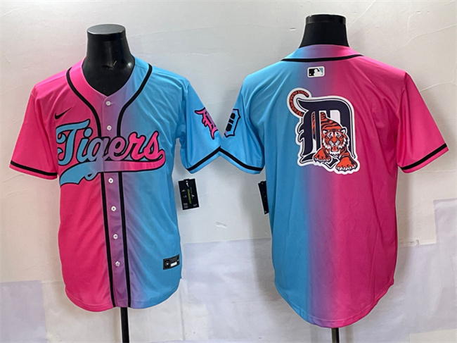 Men's Detroit Tigers Team Big Logo Pink Blue Limited Stitched Baseball Jersey