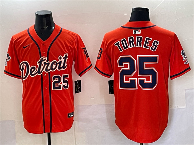Men's Detroit Tigers #25 Gleyber Torres Orange With Patch Vapor Premier Limited Stitched Baseball  Jersey