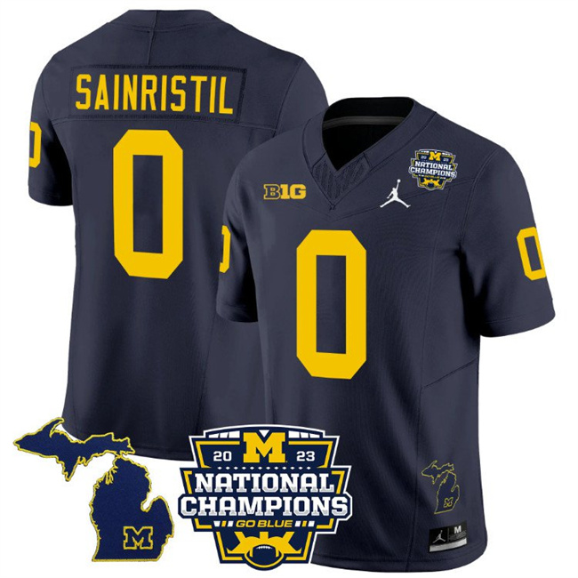 Men's Michigan Wolverines #0 Mike Sainristil Navy F.U.S.E. 2023 National Champions Vapor Map Stitched Football Jersey