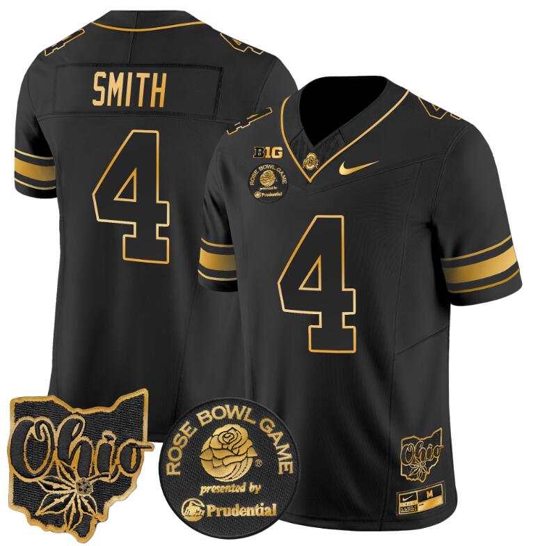 Men's Ohio State Buckeyes #4 Jeremiah Smith Black Gold Rose Bowl 2025 F.U.S.E. Limited Stitched Jersey