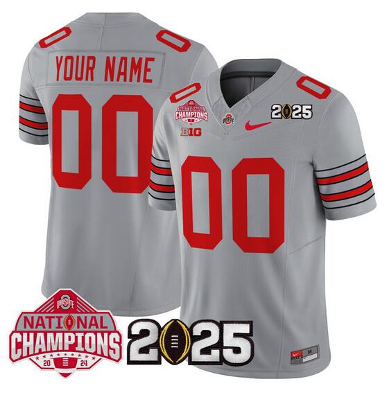 Men's Ohio State Buckeyes Active Player Custom Gray 2025 CFP Final With National Champions Patch F.U.S.E. Vapor Limited Stitched Football Jersey