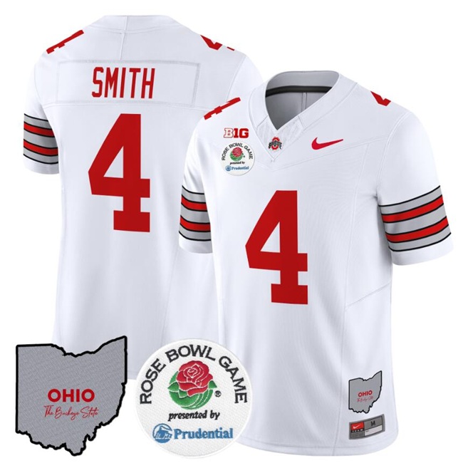 Men's Ohio State Buckeyes #4 Jeremiah Smith White F.U.S.E. 'Heritage Stripe' Rose Bowl Vapor Limited Stitched Jersey