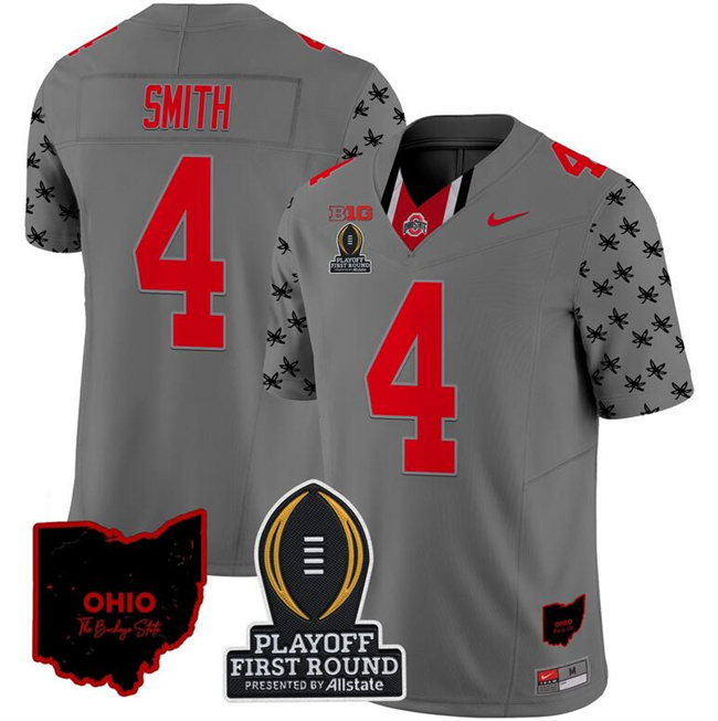Men's Ohio State Buckeyes #4 Jeremiah Smith Gray F.U.S.E. 2024 Playoff First Round Patch Vapor Limited Stitched Jersey