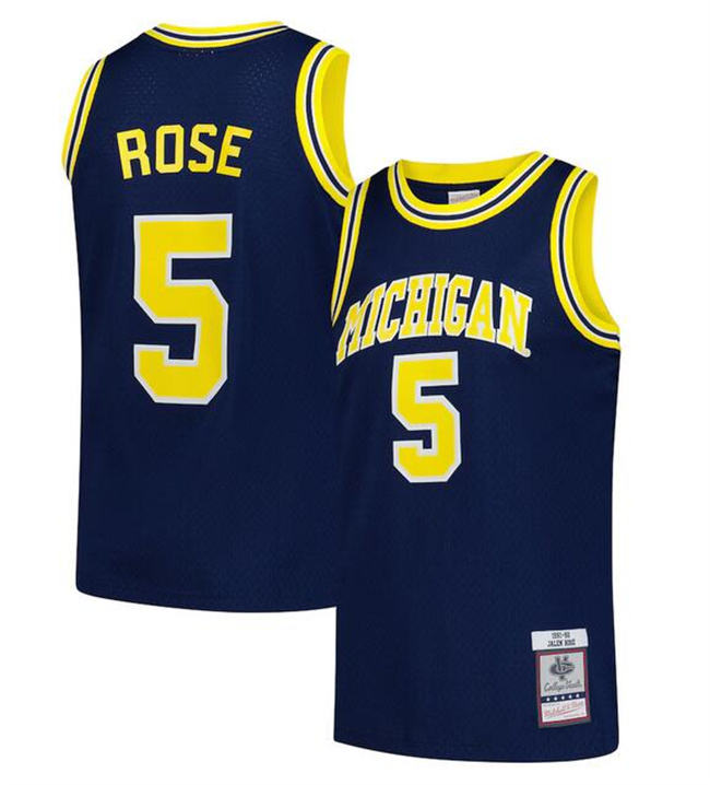 Men's Michigan Wolverines #5 Jalen Rose Navy 1992 Stitched Basketball Jersey