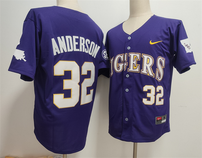Men's LSU Tigers #32 Kade Anderson Purple 2025 Stitched Baseball Jersey