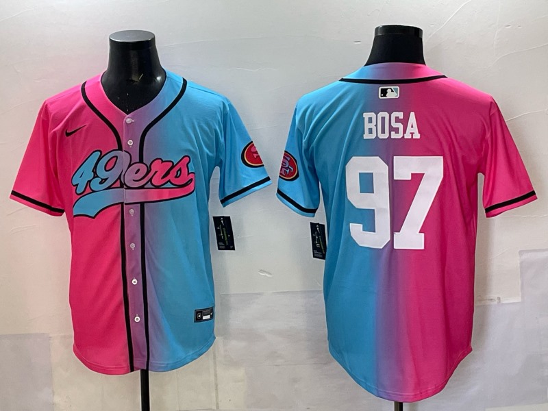 Men's San Francisco 49ers #97 Nick Bosa Pink Blue Limited Stitched Baseball Jersey