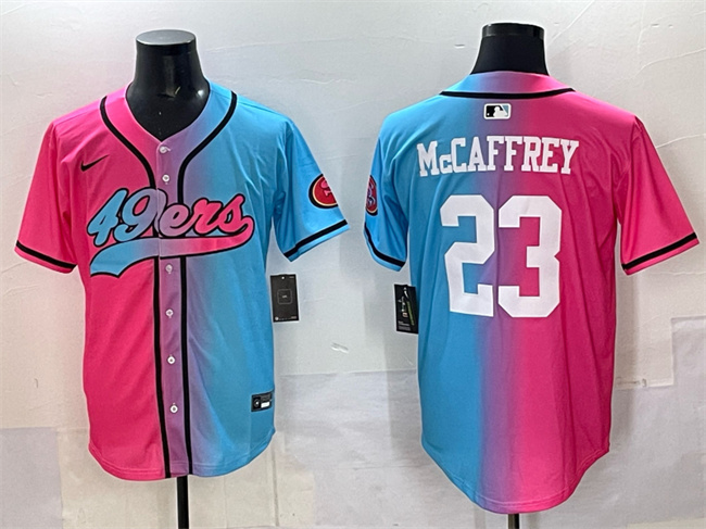 Men's San Francisco 49ers #23 Christian McCaffrey Pink Blue Limited Stitched Baseball Jersey