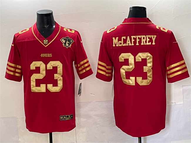 Men's San Francisco 49ers #23 Christian McCaffrey Red Gold With 75th Patch Vapor Limited Stitched Football Jersey