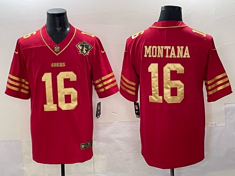 Men's San Francisco 49ers #16 Joe Montana Red Gold With 75th Patch Vapor Limited Stitched Football Jersey