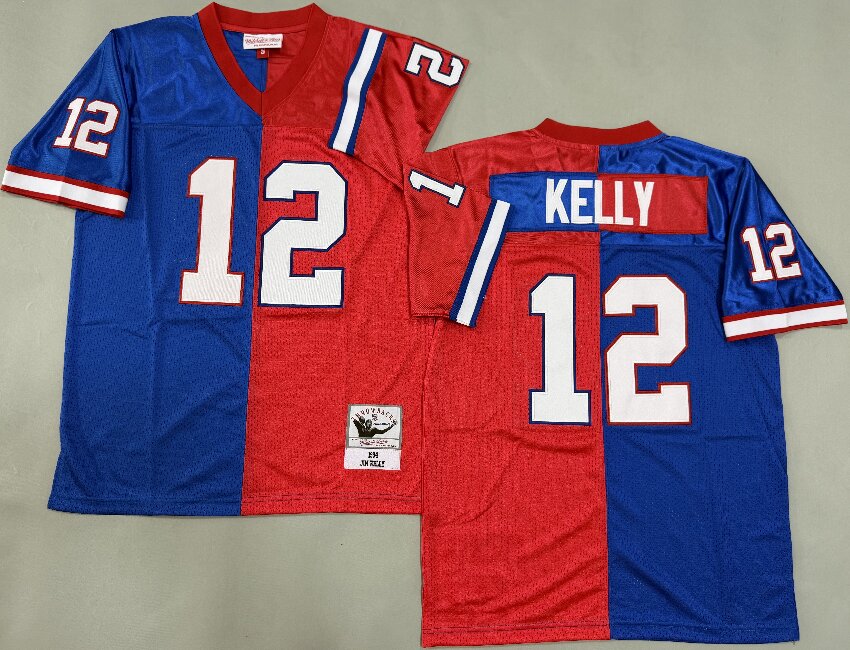Men's  Buffalo Bills #12 Jim Kelly Royal&Red Split Legacy Replica Jersey
