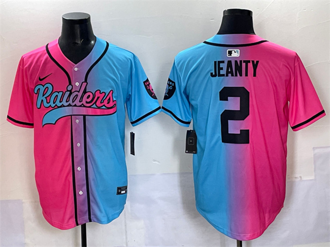 Men's Las Vegas Raiders #2 Ashton Jeanty Pink Blue Limited Stitched Baseball Jersey
