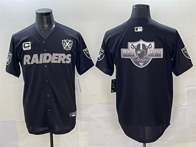Men's Las Vegas Raiders Team Big Logo Black With Nevada Silver Stat Patch And 65th Anniversary Patch 3-Star C Patch Stitched Baseball Jersey