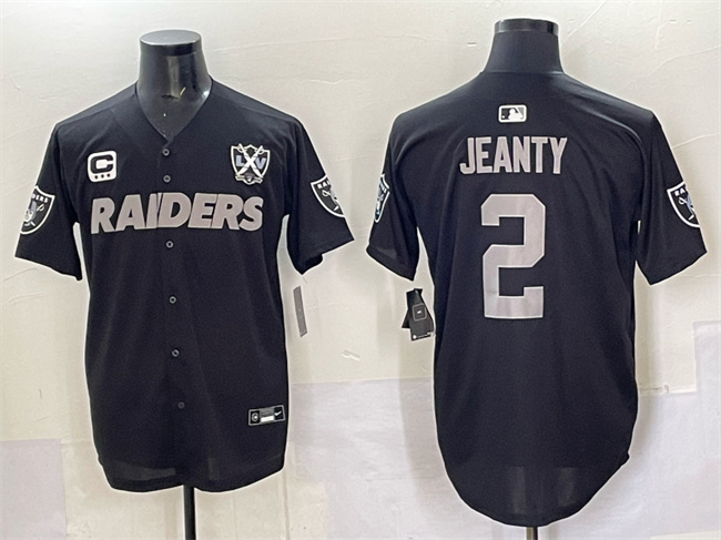 Men's Las Vegas Raiders #2 Ashton Jeanty Black With Nevada Silver Stat Patch And 65th Anniversary Patch 3-Star C Patch Stitched Baseball Jersey