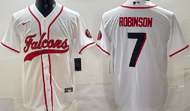 Men's Atlanta Falcons #7  Bijan Robinso White With Patch Cool Base Stitched Baseball Jersey