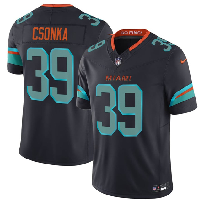 Men's Miami Dolphins #39 Larry Csonka Black 2025 F.U.S.E. “Rivalries” Vapor Limited Stitched Football Jersey