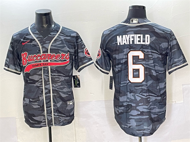 Men's Tampa Bay Buccaneers #6 Baker Mayfield Grey Camo Cool Base Stitched Baseball Jersey