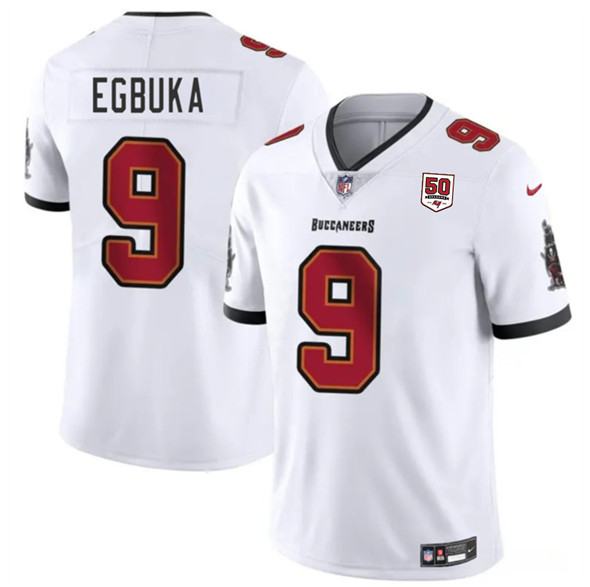 Men's Tampa Bay Buccaneers #9 Emeka Egbuka White 2025 Draft 50th Anniversary Patch Vapor Untouchable Limited Football Stitched Jersey