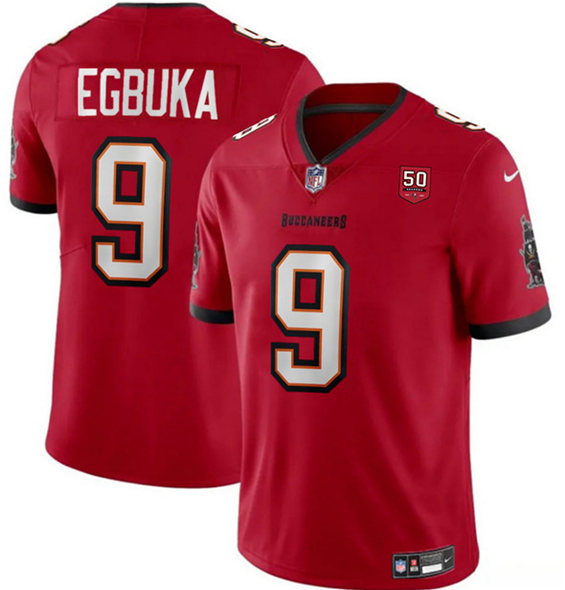 Men's Tampa Bay Buccaneers #9 Emeka Egbuka Red 2025 Draft 50th Anniversary Patch Vapor Untouchable Limited Football Stitched Jersey
