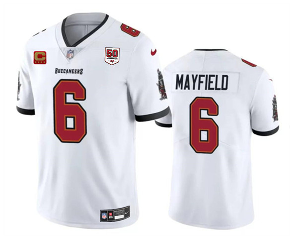 Men's Tampa Bay Buccaneers #6 Baker Mayfield White 2025 50th Anniversary Patch And 4-Star C Patch Vapor Untouchable Limited Football Stitched Jersey