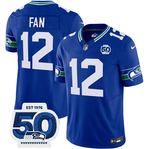 Men's Seattle Seahawks #12 Fan Royal 2025 F.U.S.E 50th Anniversary Patch Throwback Vapor Limited Football Stitched Jersey