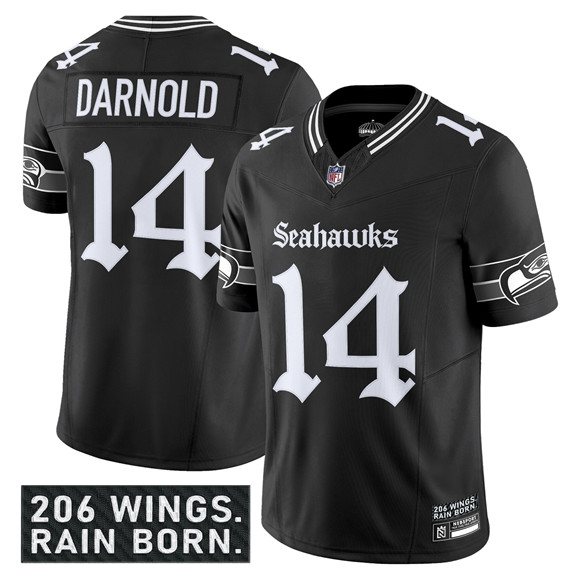 Men's Seattle Seahawks #14 Sam Darnold Black 2025 F.U.S.E. 'Gothic Rain City Shadows Edition' Vapor Limited Football Stitched Jersey