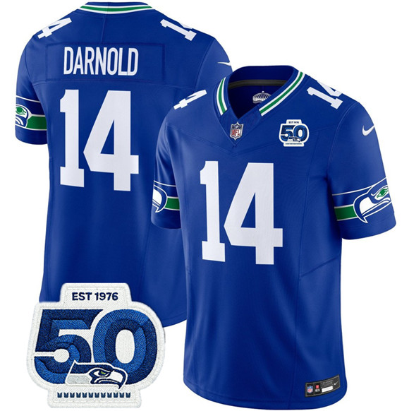 Men's Seattle Seahawks #14 Sam Darnold Royal 2025 F.U.S.E 50th Anniversary Patch Throwback Vapor Limited Football Stitched Jersey