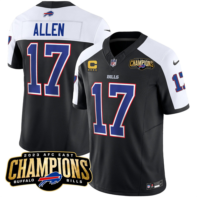 Women's Buffalo Bills #17 Josh Allen Black White 2023 F.U.S.E. AFC East Champions With 4-Star C Ptach Stitched Football Jersey(Run Small)