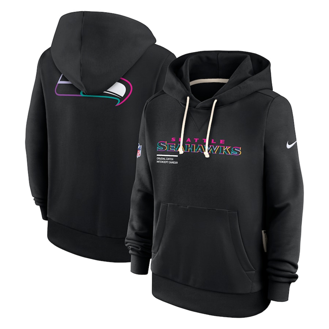 Women's Seattle Seahawks Black 2025 Crucial Catch Club Pullover Hoodie(Run Small)