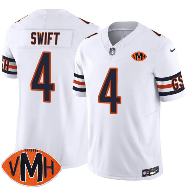 Men's Chicago Bears #4 D'Andre Swift White 2025 F.U.S.E. With Illinois And VMH Patch Vapor Untouchable Limited Stitched Football Jersey