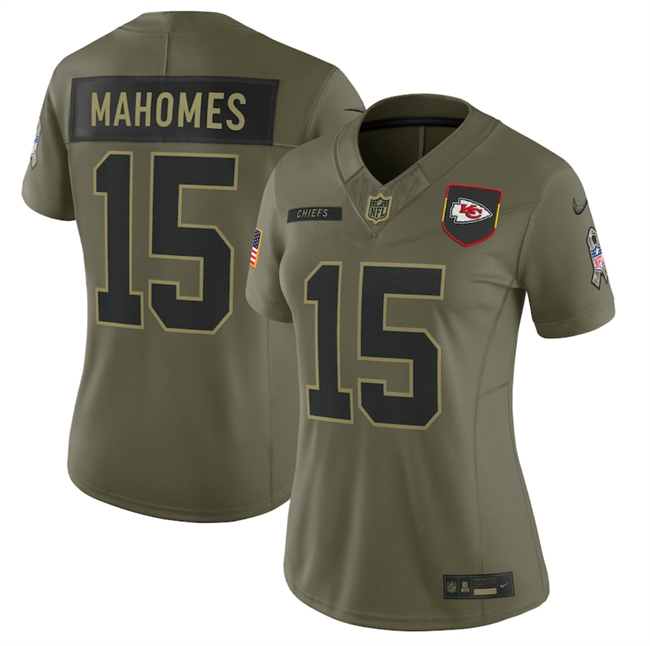 Women's Kansas City Chiefs #15 Patrick Mahomes Olive 2025 F.U.S.E. Salute To Service Limited Stitched Football Jersey(Run Small)