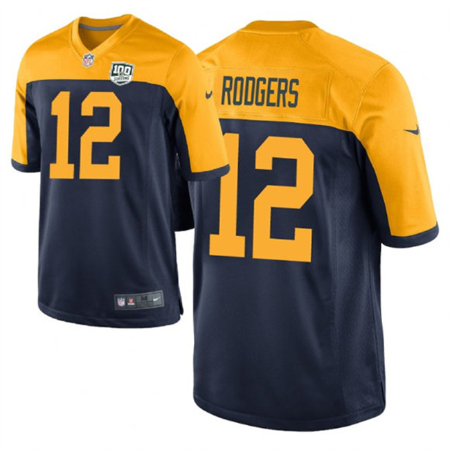 Women's Green Bay Packers #12 Aaron Rodgers Navy 2019 100th Season Game Jersey(Run Small)