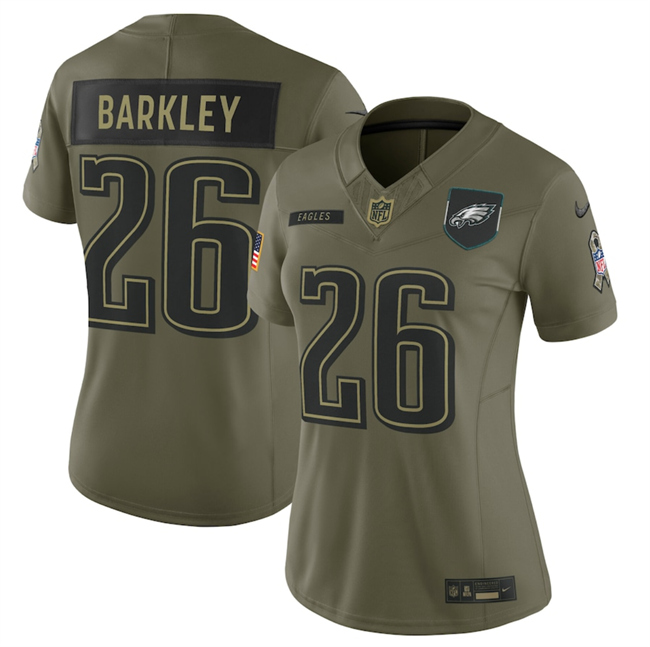 Women's Philadelphia Eagles #26 Saquon Barkley Olive 2025 F.U.S.E. Salute To Service Limited Stitched Football Jersey(Run Small)