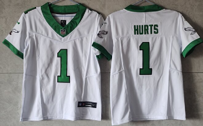Women's Philadelphia Eagles #1 Jalen Hurts White Green 2023 F.U.S.E Vapor Untouchable Limited Stitched Football Jersey(Run Small)