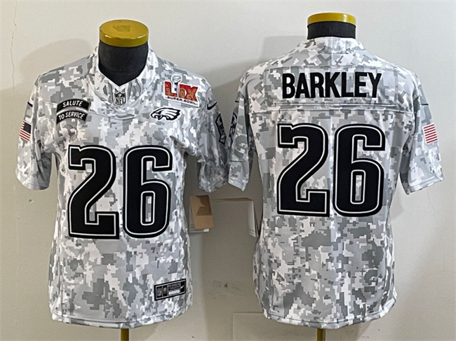 Women's Philadelphia Eagles #26 Saquon Barkley 2025 Super Bowl LIX Patch F.U.S.E Arctic Camo Salute To Service Limited Stitched Jersey(Run Small)