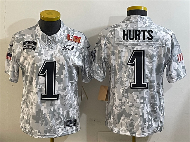 Women's Philadelphia Eagles #1 Jalen Hurts 2025 Super Bowl LIX Patch F.U.S.E Arctic Camo Salute To Service Limited Stitched Jersey(Run Small)
