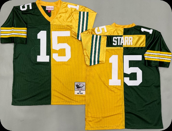 Men's Green Bay Packers #15 Bart Starr Green&Gold Split Legacy Replica Jersey