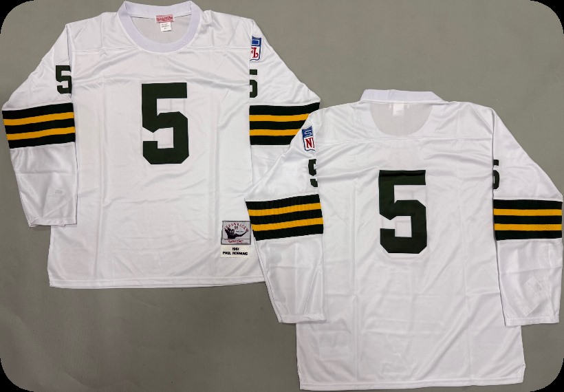 Men's Green Bay Packers #5 Paul Hornung White Long-Sleeved Throwback Jersey